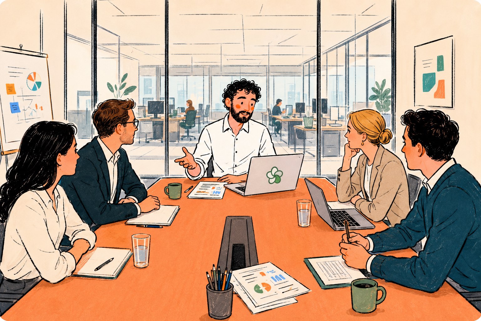 Un dirigeant présente les résultats d'un audit à son comité de direction, tableaux de bord et rapports à l'appui.