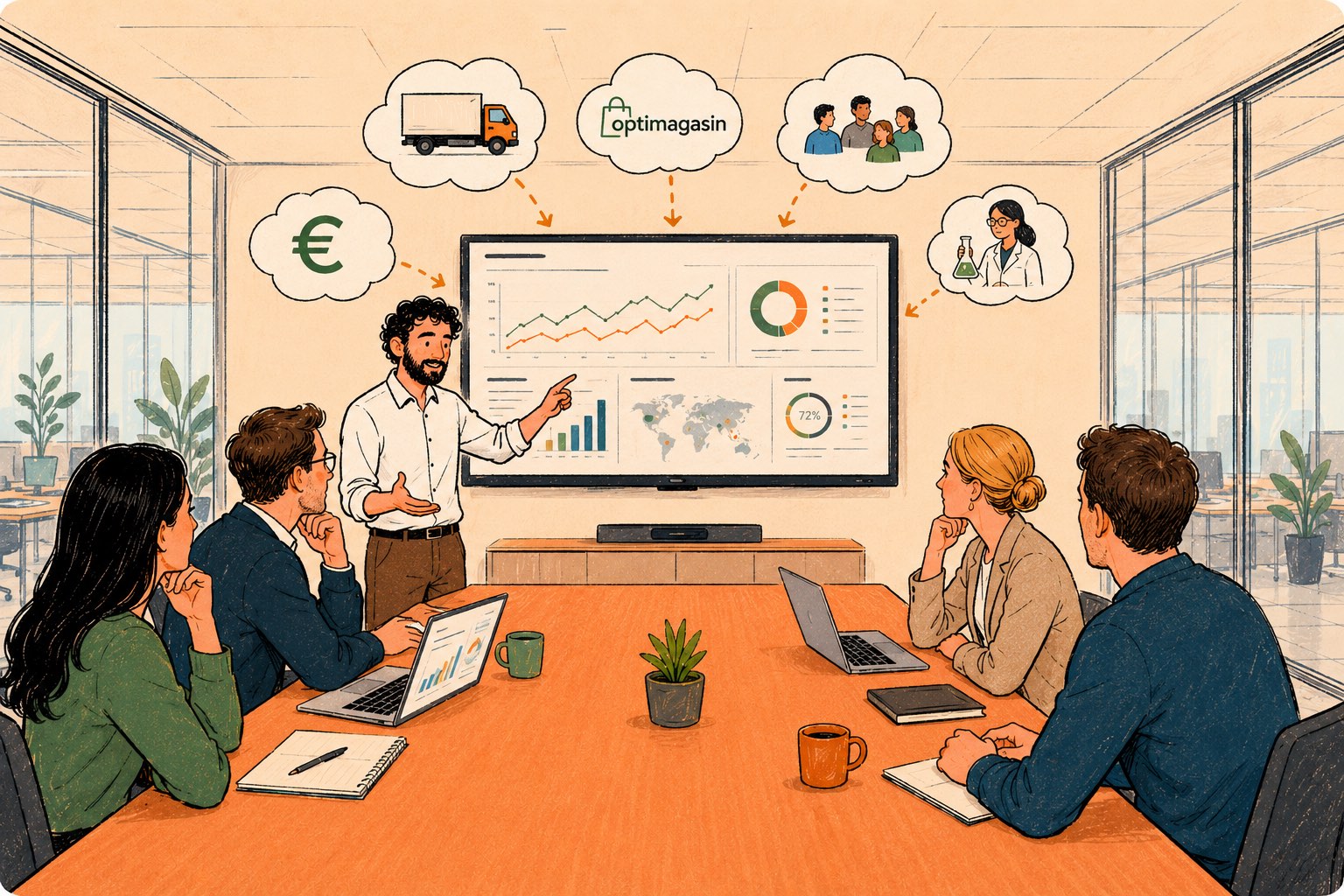 Une équipe lit sur grand écran un tableau de bord unifié qui rassemble ventes, logistique, clients et qualité.