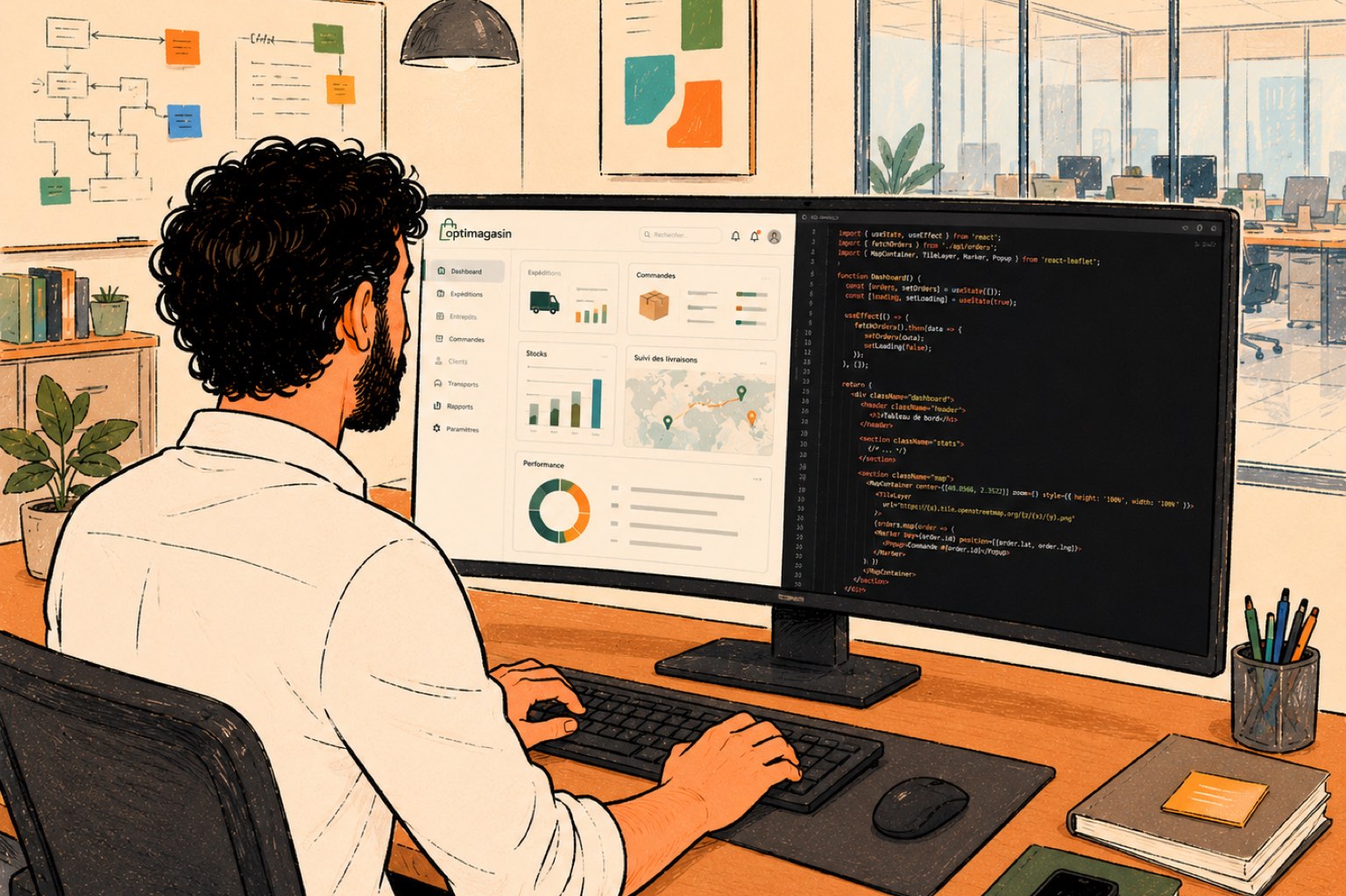 Un développeur conçoit une application métier sur mesure, interface et code côte à côte.