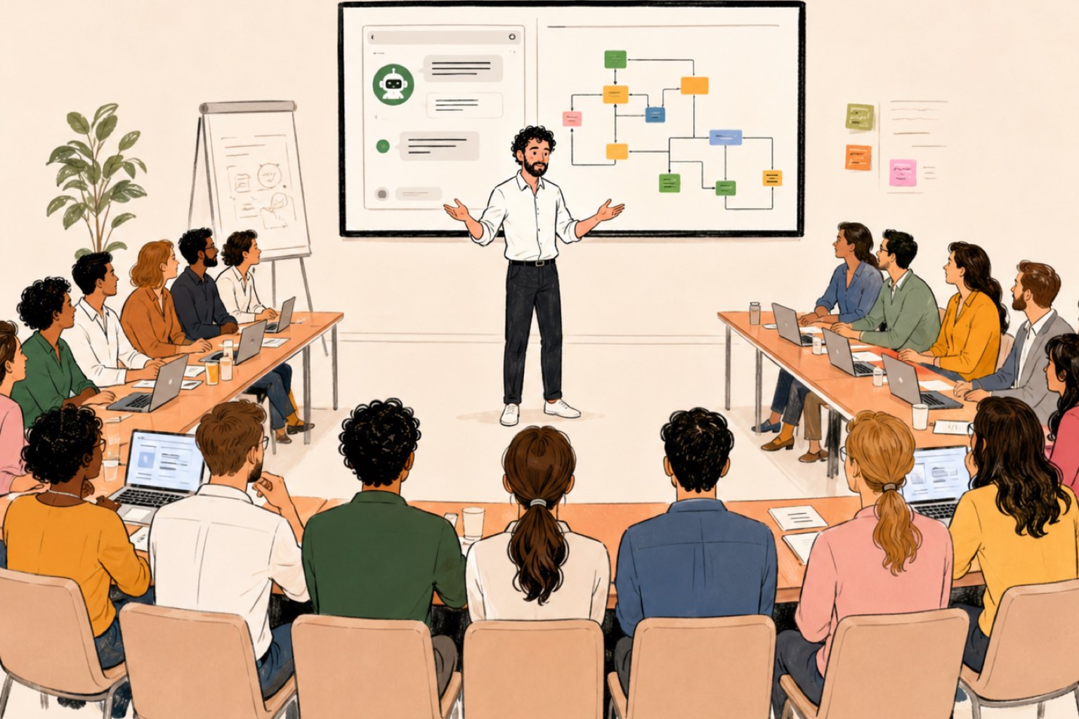 Un formateur anime une session d'acculturation à l'IA devant une salle de collaborateurs équipés de leurs ordinateurs.